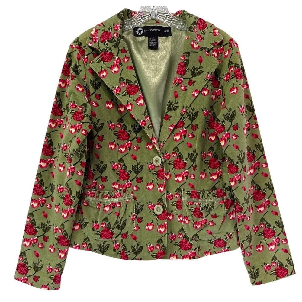 Vintage Inspired Rose Floral Green‎ Corduroy Blazer Jacket Sz M Retro Girl Boss